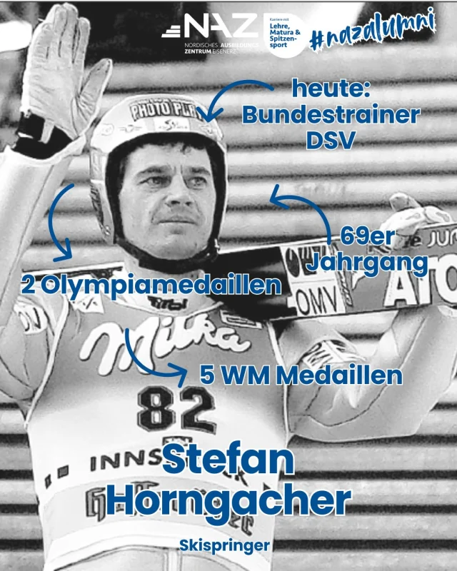 🎓 NAZ-Absolvent im Porträt: Stefan Horngacher
📍 Ausbildung: Nordisches Ausbildungszentrum Eisenerz, Beruf: Zimmerer

Stefan Horngacher (20. September 1969 in Wörgl) – vom Zimmerer Lehrling im NAZ Eisenerz zum Weltklasse-Skispringer und international gefragten Erfolgstrainer! Schon während seiner Zeit am NAZ Eisenerz bewies er nicht nur handwerkliches Geschick, sondern auch außergewöhnliches Talent auf der Schanze.

🏅 Olympische Spiele:

 🥉 Bronze 1994 – Lillehammer (Team)

 🥉 Bronze 1998 – Nagano (Team)

🌍 Weltmeisterschaften:

 🥇 Gold 1991 – Val di Fiemme (Team)

 🥉 Bronze 1993 – Falun (Team)

 🥉 Bronze 1999 – Ramsau am Dachstein (Team)

 🥇 Gold 2001 – Lahti (Team)

 🥉 Bronze 2001 – Lahti (Team)

👨‍🏫 Trainerlaufbahn:
Nach seiner aktiven Karriere wurde Horngacher ein international erfolgreicher Skisprungtrainer.

 🇵🇱 Cheftrainer der polnischen Nationalmannschaft (2016–2019)

 🇩🇪 Seit April 2019 Bundestrainer der deutschen Skisprung-Nationalmannschaft

Ein echtes NAZ-Vorbild 💪⛷️

#NAZEisenerz #Skispringen #StefanHorngacher #AlumniErfolg  #TeamAustria #Skisprungtrainer #NAZAlumniClub #Sprunglauf #ThrowbackThursday #dieEhemaligen #karrieremitlehrematuraundspitzensport