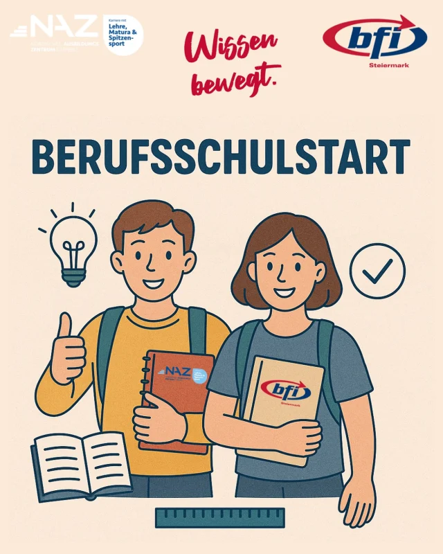 💪 Berufsschulstart für unsere NAZ-Lehrlinge

Für unsere Lehrlinge am NAZ Eisenerz geht’s wieder los – ab in die Berufsschulen! 

Wir wünschen euch eine spannende, lehrreiche und erfolgreiche Zeit in der Schule.
Allen, die sich auf die Lehrabschlussprüfung vorbereiten, drücken wir fest die Daumen – ihr packt das! 💪💪💪👍👍👍 

Während der Berufsschulzeit werden unsere Athlet:innen natürlich weiterhin vom Trainerteam betreut.
➡️ KARRIERE mit LEHRE, MATURA und SPITZENSPORT. 

#NAZEisenerz #bfiSteiermark #Berufsschule #Lehrlinge #LAP #ZukunftGestalten #nazeisenerz #connectingsportsandapprenticeship #karrieremitlehrematuraundspitzensport #wirsindnordisch #sportundberuf #bfisteiermark #ausbildungmitsinn #energiesteiermark #schachermayer #abenteuererzberg #wkosteiermark #jentschura #zpp #raiffeisen #sobimmobilien #autoneumann #müllerundfruhmann #pistenbully #kässbohrer #erdbautobiastaxacher #scheruebel #erzbergleoben