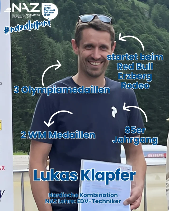 🎓 NAZ-Absolvent im Porträt: Lukas Klapfer
💻 Beruf: EDV-Techniker 
📍 Ausbildung: Nordisches Ausbildungszentrum Eisenerz

Lukas Klapfer (25. Dezember 1985) – vom EDV-Techniker-Lehrling zum Weltklasse-Kombinierer! Während seiner Ausbildung am NAZ Eisenerz entwickelte sich der Eisenerzer zu einem der erfolgreichsten Nordischen Kombinierer Österreichs.

🏅 Olympische Spiele:

 🥉 Bronze 2014 – Sotschi (Team)

 🥉 Bronze 2018 – Pyeongchang (Einzel Normalschanze)

 🥉 Bronze 2018 – Pyeongchang (Team)

🌍 Weltmeisterschaften:

 🥉 Bronze 2019 – Seefeld (Team)

 🥉 Bronze 2021 – Oberstdorf (Team)

🚗 Neuer Lebensabschnitt:
Nach seiner sportlichen Karriere absolvierte Lukas eine zweite Lehre zum Kfz-Mechaniker, um den elterlichen Betrieb – ein Autohaus mit Werkstatt – in Zukunft zu übernehmen.

🏍️ Motorsport mit Leidenschaft:
Seine Begeisterung für Action lebt Lukas auch abseits der Loipe aus: Er startete bereits mehrfach beim legendären Red Bull Erzbergrodeo – und wird auch heuer wieder mit dabei sein! Wir drücken ihm die Daumen!

Ein echtes NAZ-Vorbild – auf der Loipe, Schanze, unter der Motorhaube und am Erzberg! 💪🎿🔧

#NAZEisenerz #NAZAlumniClub #LukasKlapfer #NordischeKombination #Olympiamedaillengewinner #AlumniErfolg #EDVTechnikerUndKFZProfi #ErzbergRodeo #TeamAustria #connectingsportsandapprenticeship #karrieremitlehrematuraundspitzensport