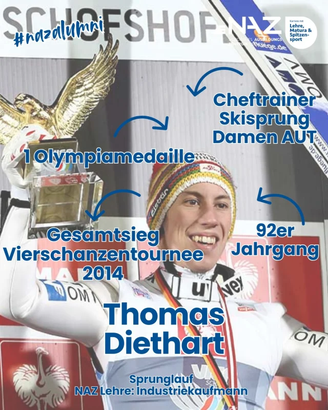 🎓 NAZ-Absolvent im Porträt: Thomas Diethart
📋 Beruf: Industriekaufmann
📍 Ausbildung: Nordisches Ausbildungszentrum Eisenerz

Thomas Diethart (25. Februar 1992 in Tulln an der Donau) – vom Industriekaufmann-Lehrling zum Tourneesieger! Während seiner Ausbildung am NAZ Eisenerz entwickelte er sich zu einem der erfolgreichsten österreichischen Skispringer.

🏆 Größte Erfolge:

 🥇 Gesamtsieg Vierschanzentournee 2013/14

 🥈 Silbermedaille 2014 – Sotschi (Team Großschanze)

🎿 Karriere-Highlights:
Diethart feierte seinen Durchbruch in der Saison 2013/14 mit dem sensationellen Gewinn der Vierschanzentournee. Bei den Olympischen Winterspielen 2014 in Sotschi gewann er mit dem österreichischen Team die Silbermedaille auf der Großschanze.

👨‍🏫 Trainerlaufbahn:
Nach seiner aktiven Karriere wechselte Diethart ins Trainerteam des ÖSV. Seit April 2025 ist er Cheftrainer des österreichischen Damen-Skisprungteams und bringt seine Erfahrung und Expertise in die Förderung junger Talente ein.

Ein echtes NAZ-Vorbild!!! 💪⛷️

#NAZEisenerz #NAZAlumniClub #ThomasDiethart #Skispringen #Vierschanzentournee #Olympiamedaillengewinner #AlumniErfolg #IndustriekaufmannUndChampion #TeamAustria #mehralsnordisch #connectingsportsandapprenticeship #karrieremitlehrematuraundspitzensport