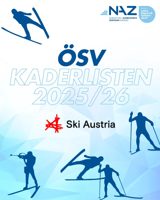 🎿 ÖSV-Kaderlisten 2025/26 veröffentlicht – NAZ Eisenerz stark vertreten! 💙🤍

Der Österreichische Skiverband hat die neuen Kader für die Saison 2025/26 bekanntgegeben – und wir sind stolz wie nie: 31 Athlet:innen, bzw. Absolvent:innen aus dem Nordischen Ausbildungszentrum Eisenerz sind mit dabei! 🙌💪

💥 Sprunglauf:
12 NAZ-Athlet:innen 

💥 Nordische Kombination:
8 NAZ-Athlet:innen 

💥 Langlauf:
5 NAZ-Athlet:innen 

💥 Biathlon:
6 NAZ-Athlet:innen 

Diese starke Präsenz zeigt: Lehre, Matura & Spitzensport lassen sich vereinen – und das NAZ Eisenerz ist der beste Beweis dafür. 🎯🎓⛷️

Wir wünschen allen eine erfolgreiche, verletzungsfreie Saison und drücken die Daumen für starke Leistungen im Weltcup und darüber hinaus! 🍀❄️

👉 Die vollständigen Kaderlisten gibt’s hier:
🔗 www.skiaustria.at/de/news/die-oesv-kader-2025-26-stehen-fest

#NAZEisenerz #ÖSVKader #Saison2025 #Wintersport #Skisprung #NordischeKombination #Langlauf #Biathlon #LehreMaturaSport #NAZPower #SkiAustria #nazalumniclub #AlumniErfolg #connectingsportsandapprenticeship #karrieremitlehrematuraundspitzensport